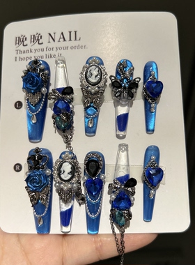 蓝玫 流麻款纯手工穿戴甲辣妹轻奢重工新款欧美高级蓝色流沙美甲