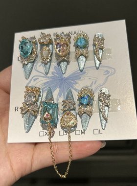 蓝莲花 纯手工穿戴甲全锆饰品猫眼蓝色手工穿戴甲奢华显白美甲