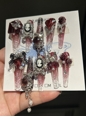魔镜公主 纯手工穿戴甲蕾丝红底碎冰冰蝴蝶重工暗黑复古风琉璃甲