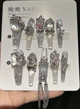 霜花 原创重工纯手工穿戴甲流麻流沙工艺美甲显白新款高级猫眼