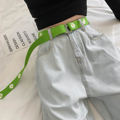 皮带女士网红同款印花朵帆布带简约百搭甜美小雏菊牛仔裤腰带潮流 - 图2