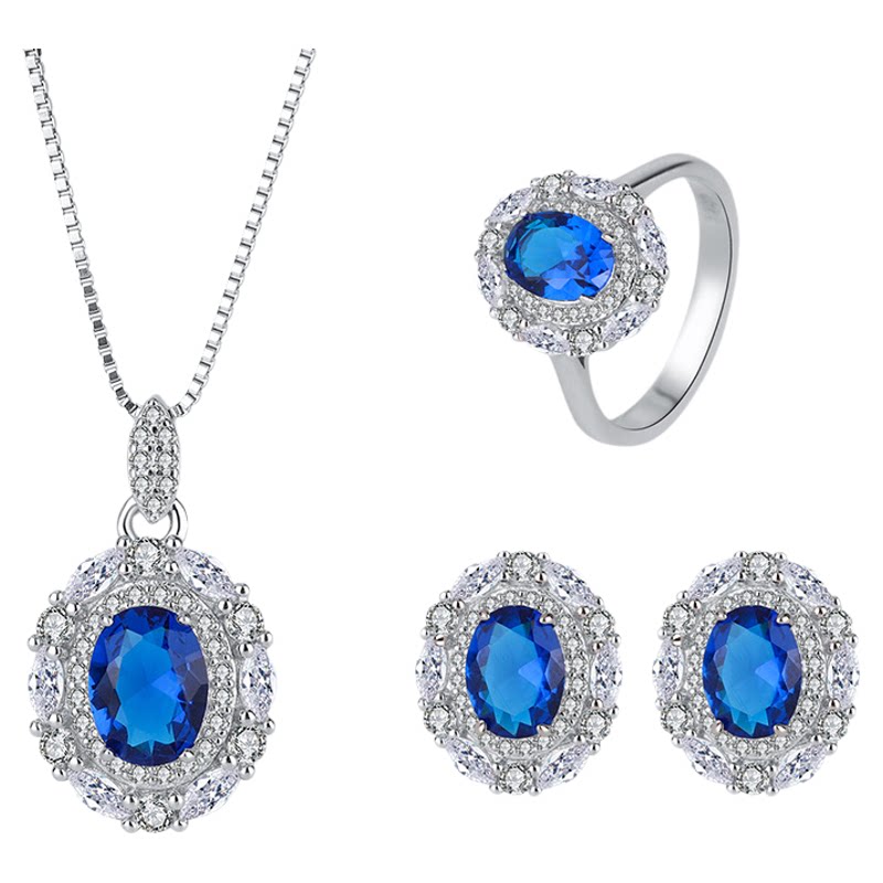 Simulated blue spindle pendant ring and earrings three-piece set