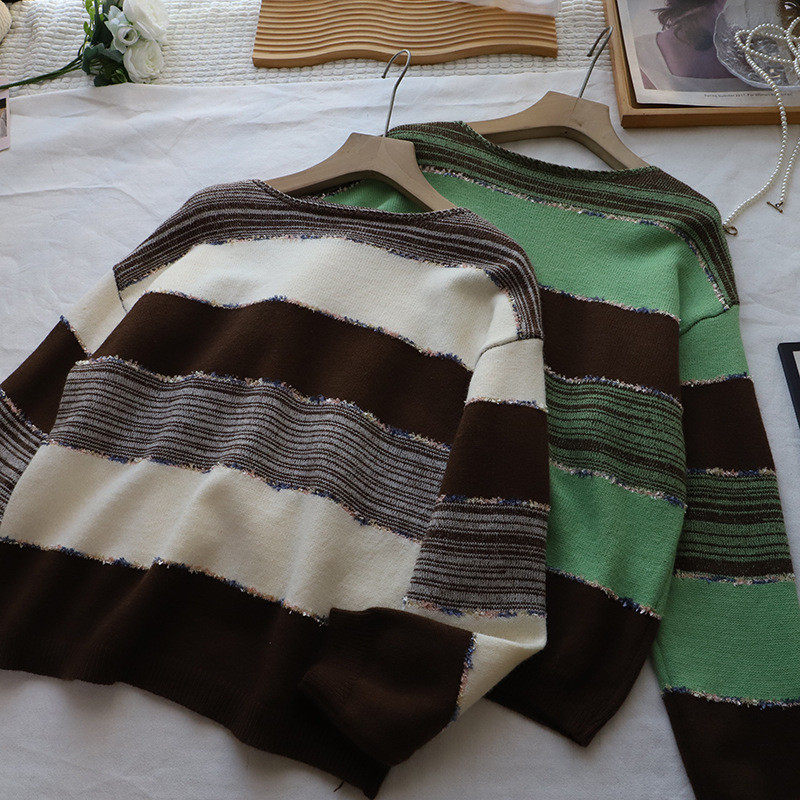 2026秋季新款韩版时尚减龄拼色条纹百搭显瘦套头毛衣女,淘宝优惠券,粉丝福利购,淘宝优惠卷