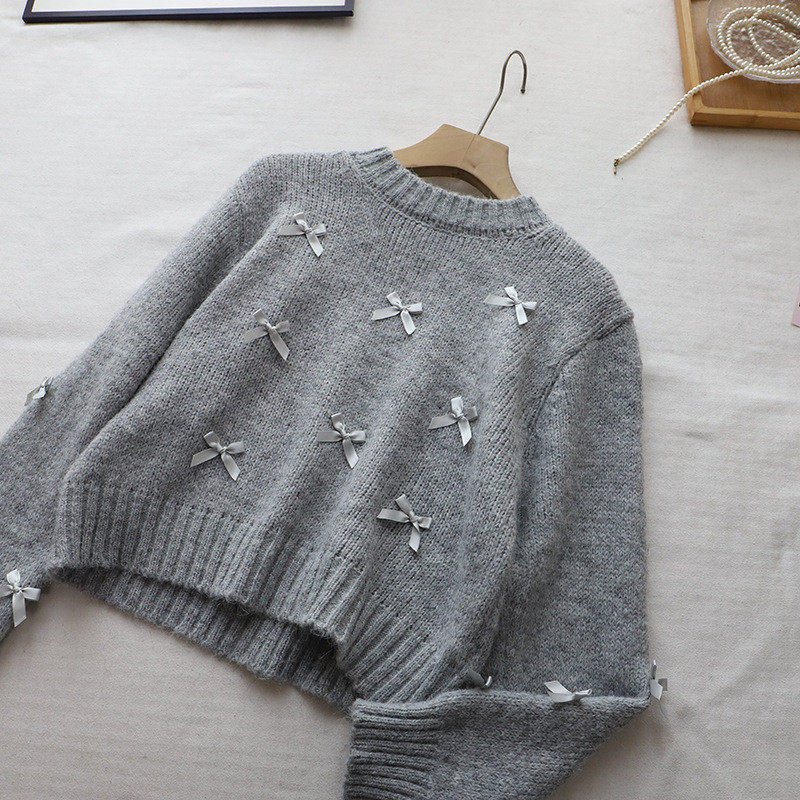 2026秋冬新款韩版圆领蝴蝶结小个子短款百搭套头毛衣女,淘宝优惠券,粉丝福利购,淘宝优惠卷
