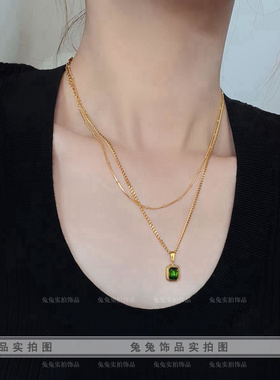 钛钢蛇骨链女双层叠戴锆石项链