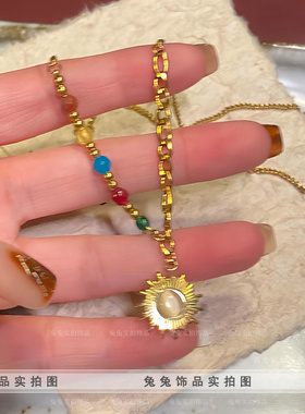 钛钢女彩色理石糖果色圆珠项链