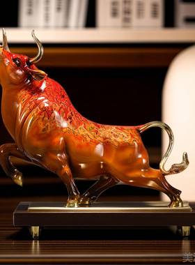 高档大铜世家牛大摆气冲天黄铜漆牛件公室桌面酒柜客厅装办饰开业