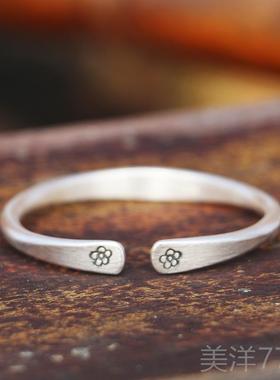 高档999纯手工原设计实心磨砂银法覆古梅花古手镯送创女友闺蜜