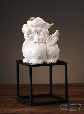 高档招财貔品貅件客厅摆设新中式摆瓷陶工艺酒柜乔迁装饰品开业礼