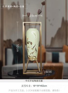 高档新中式手绘瓷《罐荷陶涧瑞鹤》轻奢铜摆件工艺品客玄关储物花