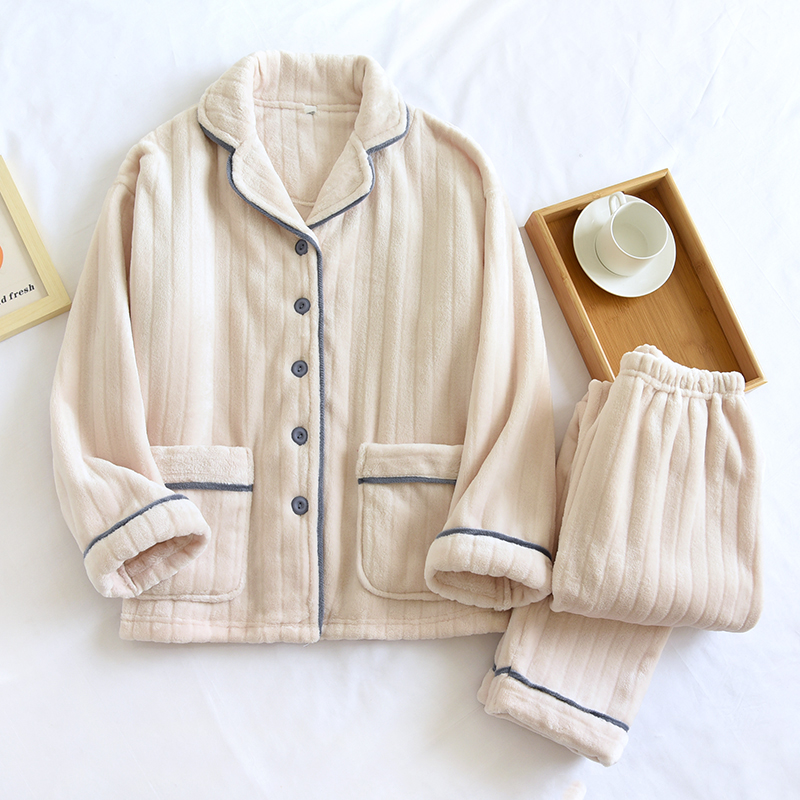 情侣睡衣女男士加厚珊瑚绒家居服套装秋冬季简约纯色加绒法兰绒 - 图1