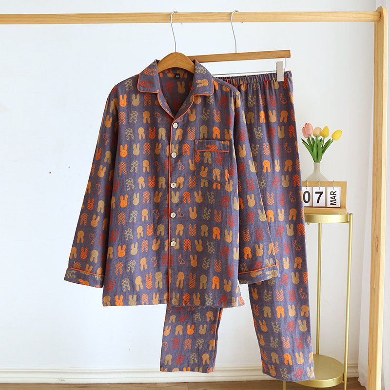 复古卡通睡衣男女纯棉纱薄日系翻领长袖长裤情侣家居睡眠服可外穿,淘宝优惠券,粉丝福利购,淘宝优惠卷