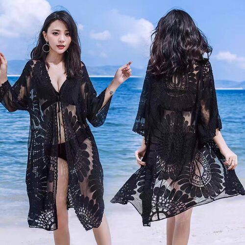 海边度假蕾丝开衫宽松大码沙滩比基尼外搭长款薄外披网纱罩衫-图0