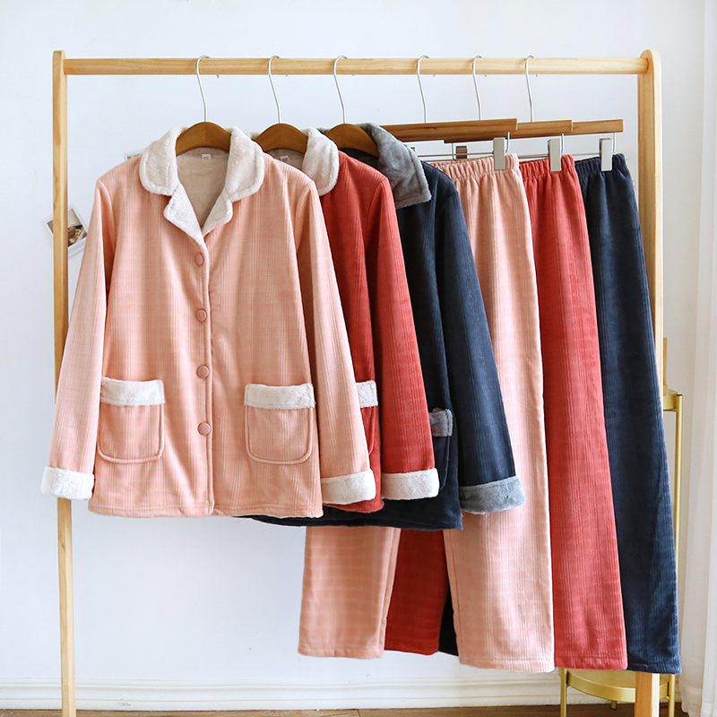 新型面料~复合法兰绒情侣款秋冬季加绒睡衣套装男女珊瑚绒家居服