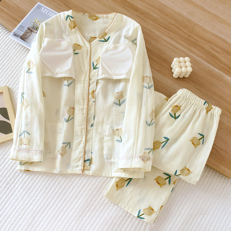 免文胸纯棉麻双层纱布长袖睡衣套装女春夏季薄款带胸垫家居服V领,淘宝优惠券,粉丝福利购,淘宝优惠卷