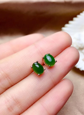 全新天然菠菜绿新疆耳钉纯银碧玉