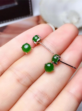 厂家直销天然翡翠色耳钉白金碧玉