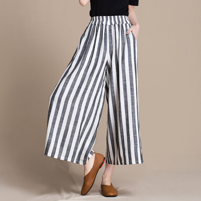 竖条纹棉麻女春装新款修身阔腿裤 六月草休闲裤