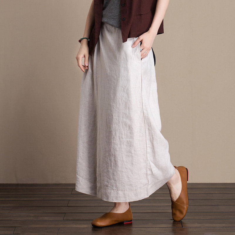 简约休闲亚麻女夏高腰显瘦大脚裤子 六月草休闲裤