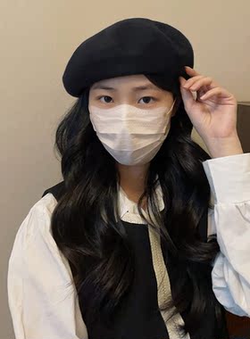 黑色羊毛呢贝雷帽女秋冬季韩版日系百搭画家帽pu皮边英伦蓓蕾帽子