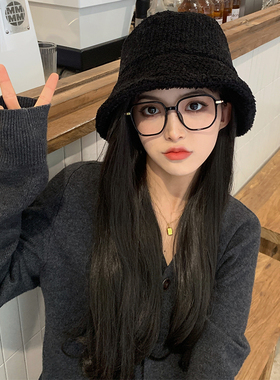 羊羔毛渔夫帽女秋冬韩版百搭日系宽檐显脸小帽子保暖纯色盆帽ins