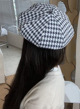 千鸟格贝雷帽女秋冬高级感时尚网红ins画家帽复古韩系百搭八角帽