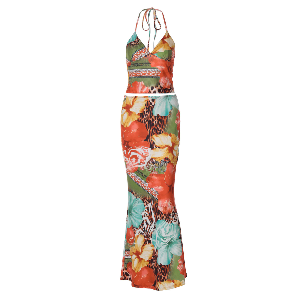 gusty法式浪漫橘色花海豹纹套装辣妹度假风挂脖吊带上衣+半身长裙,淘宝优惠券,粉丝福利购,淘宝优惠卷
