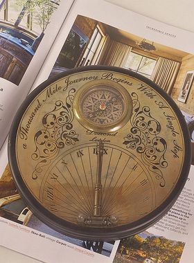 进口黄铜复古指南针高精度 北欧美式航海指北针日晷礼物风水罗盘