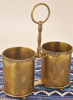 印度进口手工黄铜欧式美式复古双格筷子筒奢华餐具收纳工艺品摆件