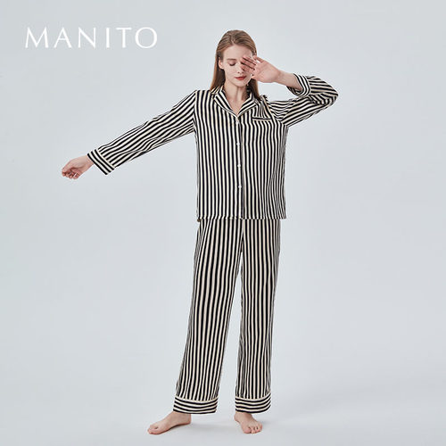MANITO/曼尼陀真丝睡衣女条纹长袖套时尚桑蚕丝家居服Stripe - 图2