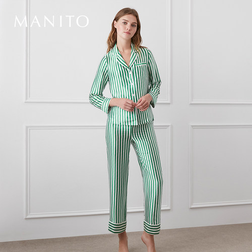 MANITO/曼尼陀真丝睡衣女条纹长袖套时尚桑蚕丝家居服Stripe - 图1