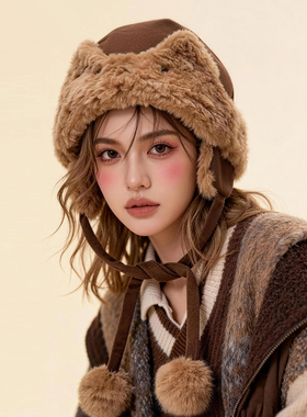 冬季毛绒兔耳护耳帽女保暖显小脸