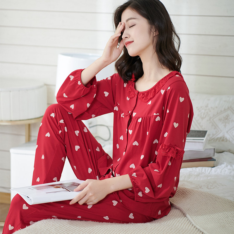 大红色睡衣女士春秋季纯棉长袖本命年薄款中年宽松大码高档家居服,淘宝优惠券,粉丝福利购,淘宝优惠卷