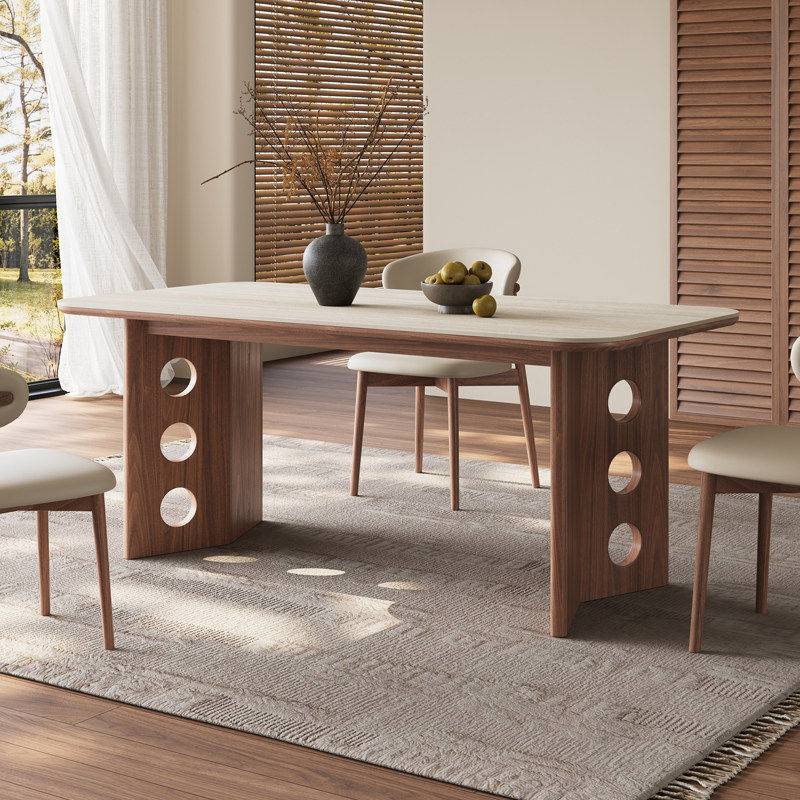 中古风洞石岩板餐桌现代简约家用小户型长方形实木饭桌胡桃色餐桌,淘宝优惠券,粉丝福利购,淘宝优惠卷