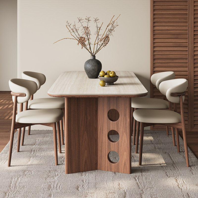 中古风洞石岩板餐桌现代简约家用小户型长方形实木饭桌胡桃色餐桌,淘宝优惠券,粉丝福利购,淘宝优惠卷