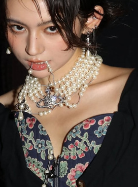 2405博主同款星球珍珠项链三层珍珠满钻大土星choker现货