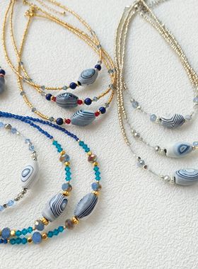 新中式风格复古饰品项链手链缠丝千层蓝色天珠琉璃串珠简约设计感