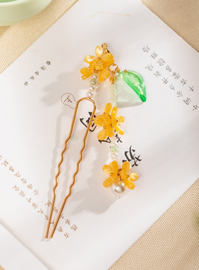 古风头饰醋酸桂花发钗明制汉服挽发掩鬓U钗步摇对钗配饰