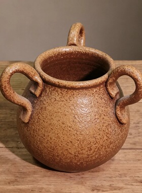 诧寂风粗陶三耳陶罐 手工陶艺花器 禅意茶室插花摆件