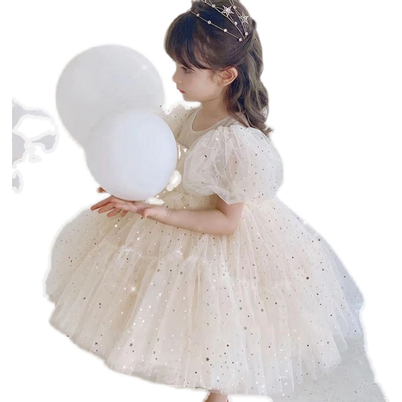 女童连衣裙2023春夏季新款儿童洋气泡泡袖亮片裙子宝宝气质公主裙-图3