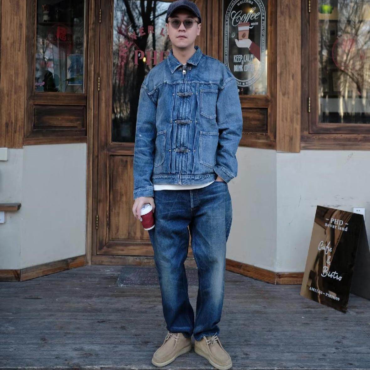 工装飞行员 MADNESS 23AW 余文乐水洗做旧宽松盘扣唐装牛仔外套男 - 图0