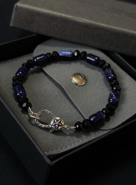 工装飞行员 日系复古百搭原创手工蓝纹石黑玛瑙五星银扣手链 男女