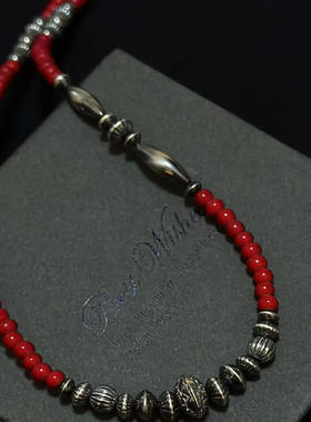 工装飞行员 日系原创复古925纯银日本进口红琉璃手工做旧银珠项链