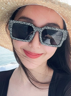 欧美复古长方形镶钻太阳眼镜炫酷