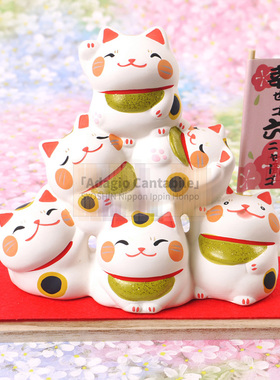 儿童节礼物日本陶公仔招财摆件保佑幸福六口猫叠罗汉达摩柴犬