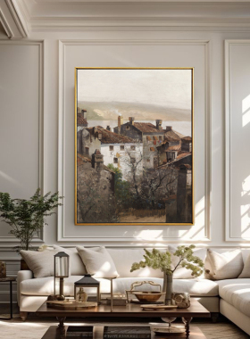 手绘复古风美式客厅风景油画玄关壁炉装饰画伊斯特里亚的春天N320