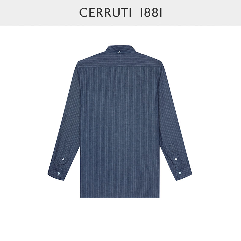 CERRUTI1881男装秋冬商务休闲棉质条纹牛仔蓝长袖衬衫C4065EIK11 - 图0