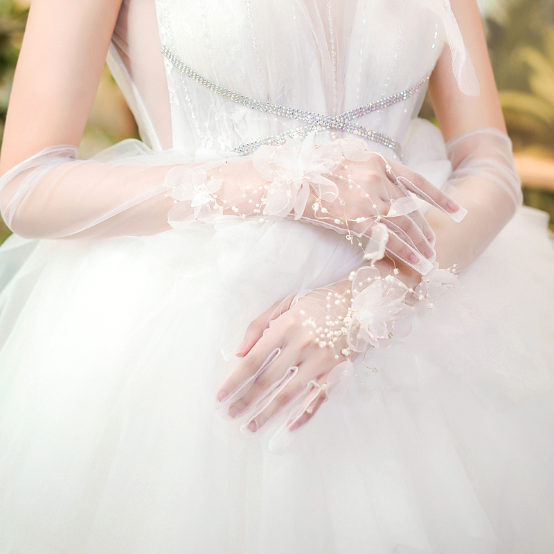 新娘婚纱手套结婚长款粉色花朵白色网纱蕾丝2022新款女遮手臂蜜瑶