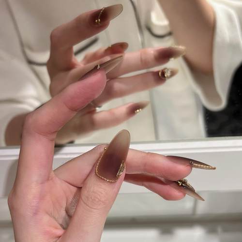 【焦糖玛奇朵】咖色腮红渐变磨砂质感全华钻高级感初秋手工穿戴甲 - 图0