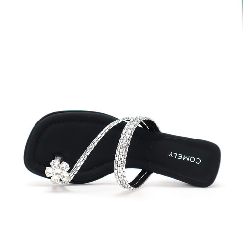 COMELY康莉2025夏夹趾低跟水钻法式高级感沙滩凉拖鞋女KYQ53303 - 图0